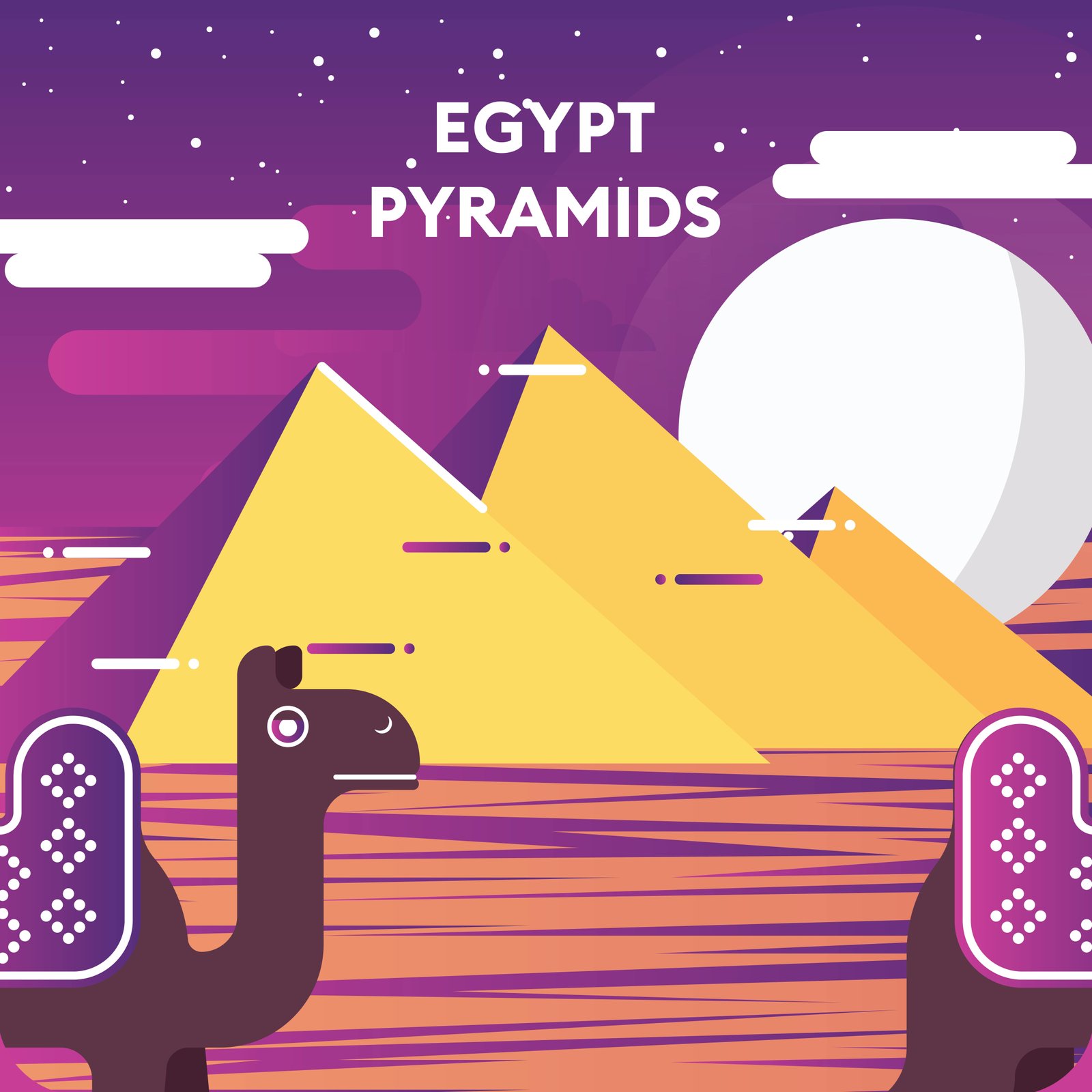 Egypt pyramides at night with camels