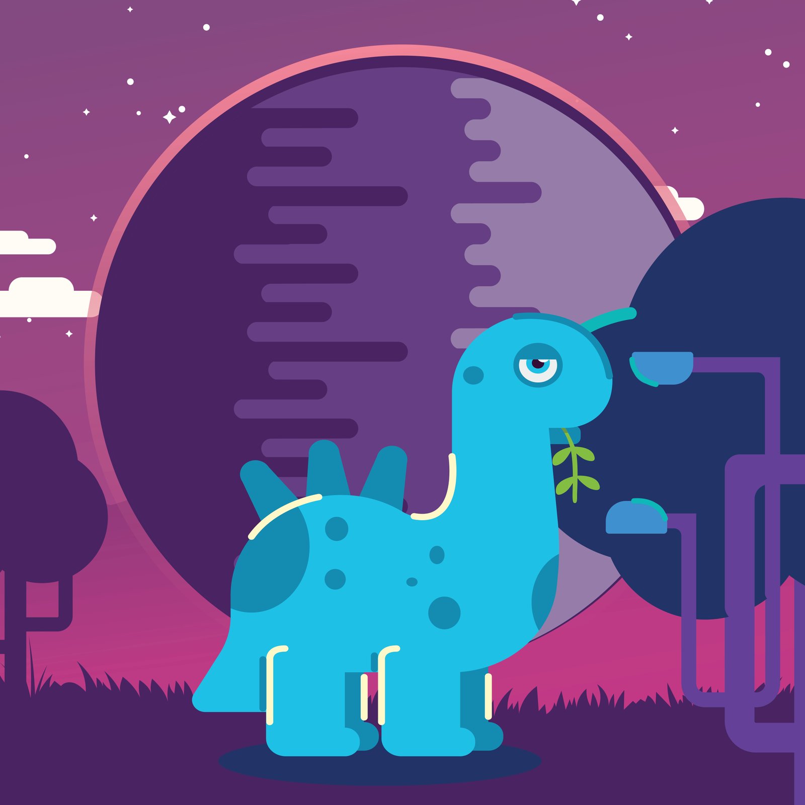 Dinosuar illustration at night eating grass
